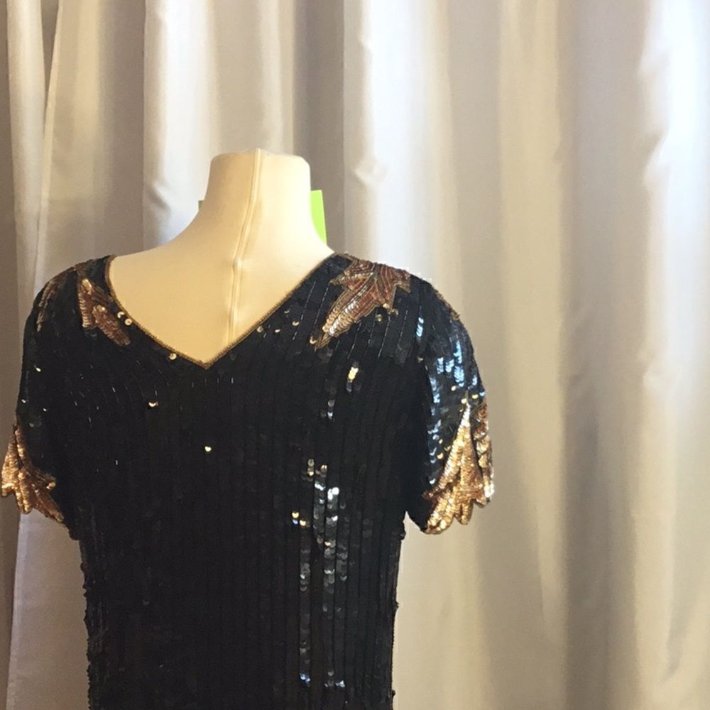 VINTAGE beaded & sequined gown in black & gold colors size medium - Picture 11 of 16